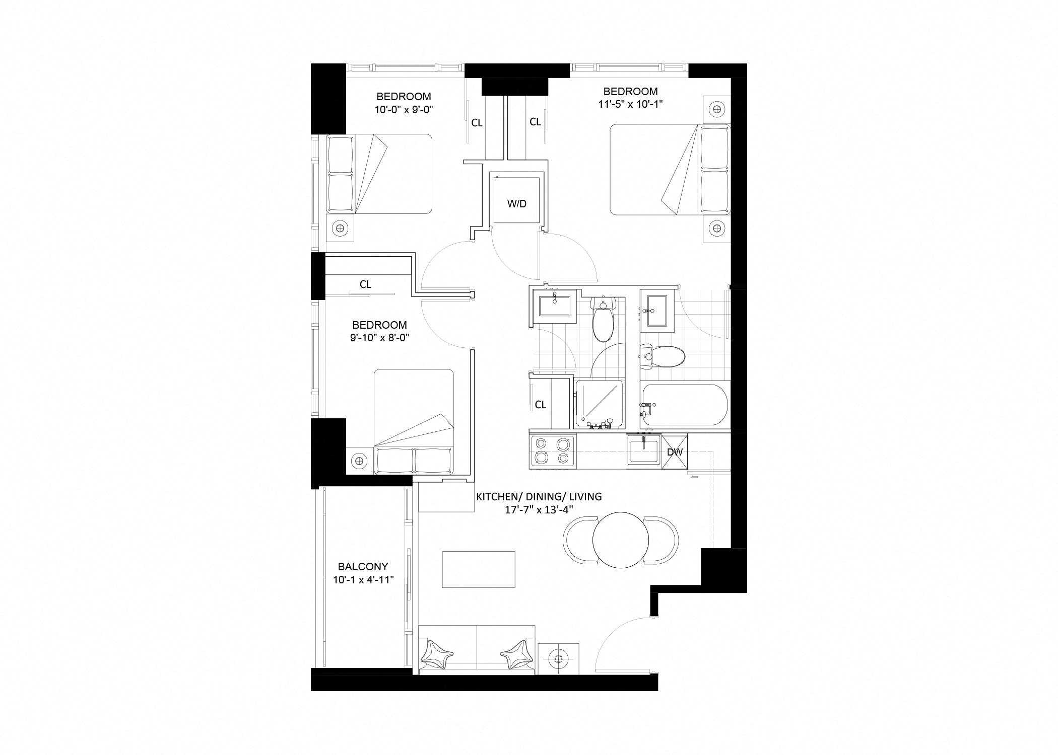 Floor plan for 3 beds, 2 baths, 739 sqft